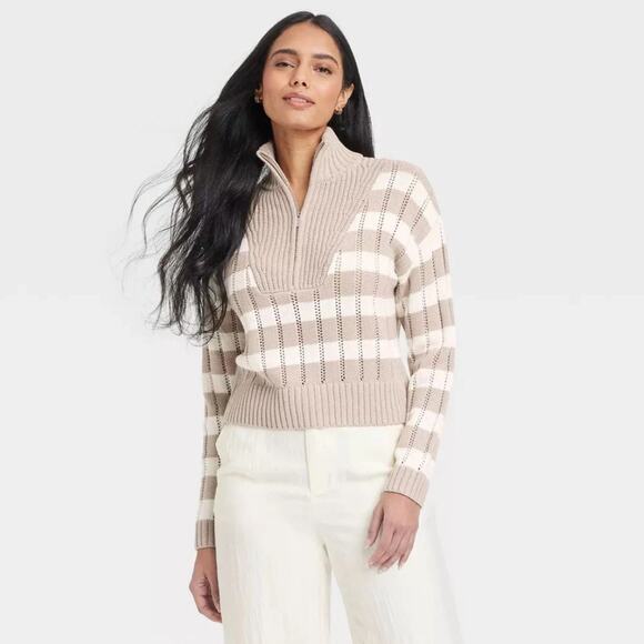 A New Day Women's Mock Turtle Neck Quarter Zip Pullover Sweater Cream Brown S - Picture 1 of 6
